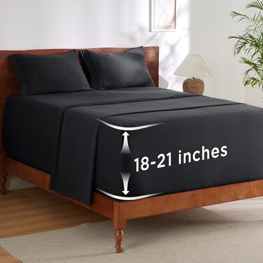 Bedsure Deep Pocket Queen Sheets Set Fits Mattresses Up to 21 Inches Thick 4 Piece GentleSoft Bed Sheets Moisture Wicking Soft Cooling Bedsheet Pillowcases Easy Secure Fit Black