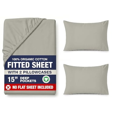 LANE LINEN Full Fitted Sheet Pillowcases No Flat Sheet 100 Organic Cotton Soft Breathable Percale Weave Fitted Sheet Set GOTS Certified 15 Deep Pocket For Snug Fit Silver