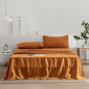 EVERLY Linen Sheets Set Queen Size100 French Stonewash Pure Linen Sheets Set4Pieces 1Flat Sheet1Fitted Sheet2Pillowcase Suitable for Hot SleepersDeep Pocket Natural Bedding SetCaramelQueen