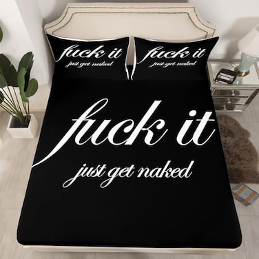 Feelyou Funny Quotes Fitted Sheet Pillow Sham Set Get Naked Bedding Set for Couple Lover Men Women Romantic Bed Sheet Set Black and White Creative Words Bed Cover No Flat Sheet Room Decor 3Pcs Queen S