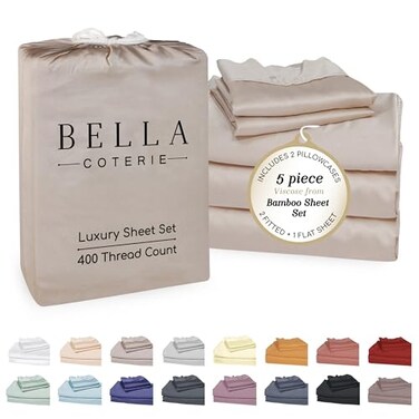 BC BELLA Bella Coterie Luxury Bamboo Viscose Split King Size Sheet Set 2 Fitted Sheets for Sleep Number Adjustable Beds 100 Organically Grown Cooling Ultra Soft 18 Deep Pocket Dune