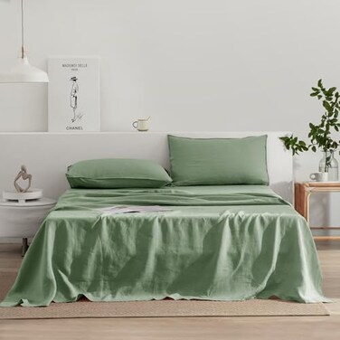 EVERLY Linen Sheets Set King Size100 French Stonewash Pure Linen Sheets Set4Pieces 1Flat Sheet1Fitted Sheet2Pillowcase Suitable for Hot SleepersDeep Pocket Natural Bedding SetSaga GreenKing