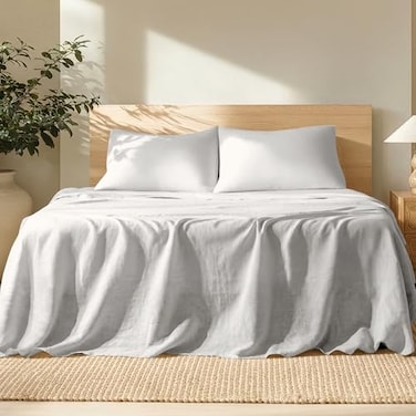 Bare Home Queen Sheet Set Luxury 100 Linen Bed Sheets Deep Pockets Easy Fit 4 Piece Set Bedding Sheets Pillowcases Queen Glacier Grey