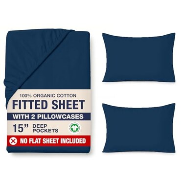 LANE LINEN Fitted Sheet King Size 100 Organic Cotton 3Piece Set 1 Fitted Sheet2 Pillowcases Percale Weave Ultra Soft BreathableFits Mattress Upto 15 Deep Navy No Flat Sheet