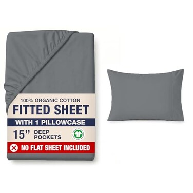 LANE LINEN 100 Organic Cotton Fitted Sheet Twin Size No Flat Sheet Soft Breathable Percale Weave Fitted Sheet Set for Added Luxury 15 Deep Pocket for Snug Fit GOTS Certified Charcoal