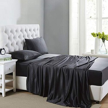 Lanest Housing Silk Satin Sheets Twin XL Size Satin Bed Sheet Set with Deep Pockets Cooling Soft and Hypoallergenic Satin Sheets Twin XL Black