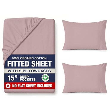 LANE LINEN King Fitted Sheet 100 Organic Cotton 3Piece Set 1 Fitted Sheet2 Pillowcases Percale Weave Ultra Soft BreathableFits Mattress Upto 15 Deep Lilac No Flat Sheet