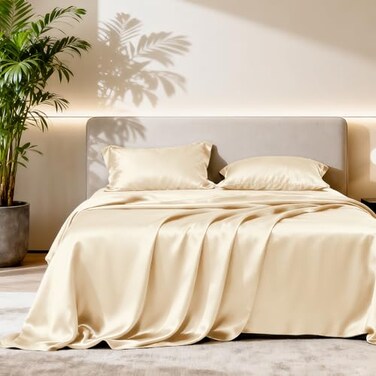 Love's cabin Loves cabin Satin Queen Sheets Set 4 Piece Beige Silky Bed Sheets Set with Deep Pocket Luxury Silk Feel Satin Queen Size Sheet Set 1 Flat Sheet1 Fitted Sheet2 Pillow Cases