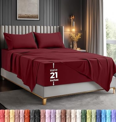Utopia Bedding Queen Size Extra Deep Pocket Sheet Set Fits Mattresses Up to 21 inches Cooling Soft Breathable OekoTex 4 Piece Bed Sheets Burgundy