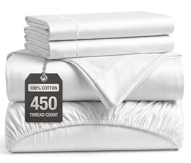 LANE LINEN Queen Sheet Set 450 Thread Count Premium Soft Long Staple 100 Cotton Sheets Hotel Luxury Sateen Silky Finish Snug Fit 15 Deep Pocket Low Pill Machine Washable White