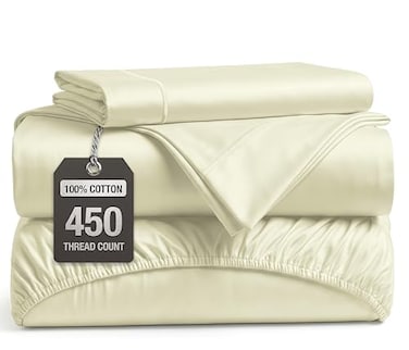 LANE LINEN Twin XL Sheets Set 450 Thread Count Sateen Weave for Hotel Quality Luxury Breathable Very Easy to Care Cotton Sheets Set for College Dorms Oeko Tex Certified Ivory