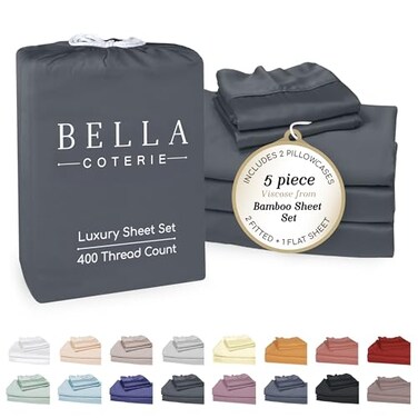 BC BELLA Bella Coterie Luxury Bamboo Viscose Split King Size Sheet Set 2 Fitted Sheets for Sleep Number Adjustable Beds 100 Organically Grown Cooling Ultra Soft 18 Deep Pocket Charcoal Grey
