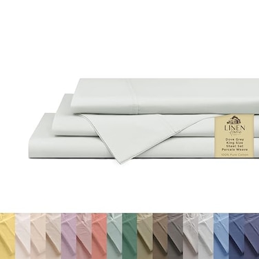 Linen Home 100 Cotton Percale Sheets King Size Dove Grey Deep Pocket 4 Pieces Set 1 Flat 1 Deep Pocket Fitted Sheet and 2 Pillowcases Crisp Cool and Strong Bed Linen