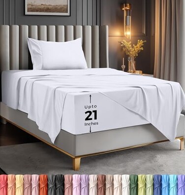 Utopia Bedding Twin Size Extra Deep Pocket Sheet Set Fits Mattresses Up to 21 inches Cooling Soft Breathable OekoTex 3 Piece Bed Sheets White