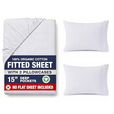 LANE LINEN 100 Organic Cotton Only Fitted Sheet Queen Includes Pillowcases 3 PC Set Percale Weave Queen Size Soft Breathable Printed Fitted Fits Mattress Upto 15 Deep Ticking Stripe