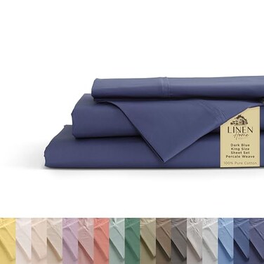Linen Home 100 Cotton Percale Sheets King Size Dark Blue Deep Pocket 4 Pieces Set 1 Flat 1 Deep Pocket Fitted Sheet and 2 Pillowcases Crisp Cool and Strong Bed Linen