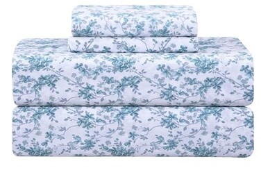 FEATHER & Feather Stitch Softest 100 Cotton Sheets 300 Thread Count Percale Weave Bedding 16 Deep Pocket Cooling Sheets Breathable Bed Set Hotel Premium Quality King Blue Floral