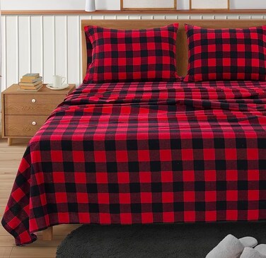 LANE LINEN Lane Linen 100 Cotton Queen Flannel Sheets Set Brushed for Extra Softness Lightweight Durable Cotton Flannel Queen Sheets Set Warm Cozy Fall Bed Sheets 15 Deep Pocket Buffalo Checks Red