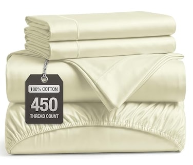 LANE LINEN King Size Bed Sheet Set 450 Thread Count LongStaple 100 Cotton Sheet Set King Size Hotel Premium Soft Silky Sateen Finish Durable Bedding Set Elasticised 15 Deep Pocket Ivory