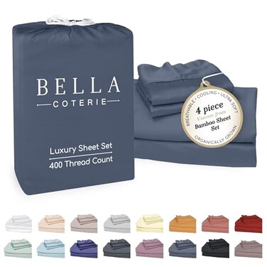 BC BELLA Bella Coterie Luxury Bamboo Viscose Queen Size Sheet Set 100 Organically Grown Ultra Soft Cooling for Hot Sleepers 18 Deep Pocket Slate Blue