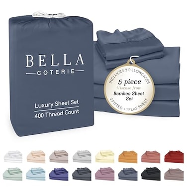BC BELLA Bella Coterie Luxury Bamboo Viscose Split King Size Sheet Set 2 Fitted Sheets for Sleep Number Adjustable Beds 100 Organically Grown Cooling Ultra Soft 18 Deep Pocket Slate Blue