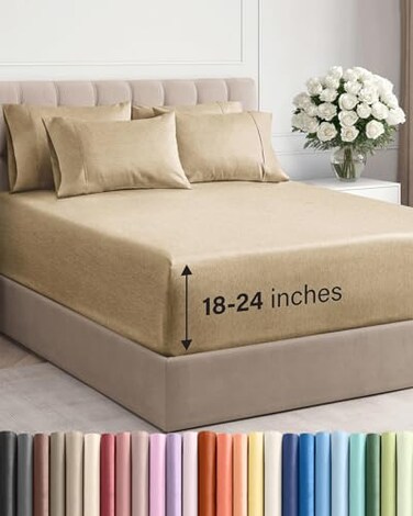 CGK Unlimited Extra Deep King Sheet Set 6 Piece Breathable and Cooling Sheets Hotel Luxury Bedding for Women Men Kids Teens Easy Secure Fit Soft and Wrinkle Free Extra Deep Pockets Heathered Tan