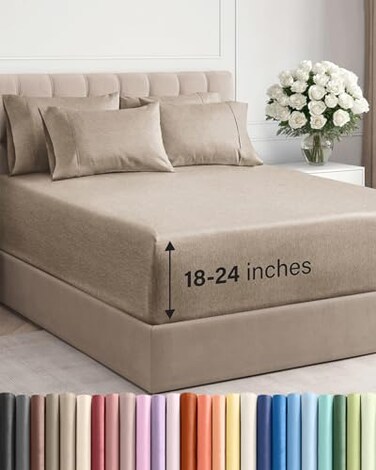 CGK Unlimited Extra Deep Queen Sheet Set 6 Piece Breathable and Cooling Sheets Hotel Luxury Bedding for Women Men Kids Teens Easy Secure Fit Soft Wrinkle Free Extra Deep Pockets Heathered Beige