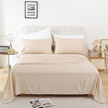 Whitney Home Textile Queen Sheet Set 4 Piece Bed Sheets for Queen Size Bed Luxury Soft Breathable Microfiber Extra Deep Pocket Bedding Sheets Pillowcase Wrinkle Free OekoTex Cream