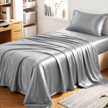 CozyLux Satin Sheets Twin XL Sheets Silky Soft Bedding Similar to Silk 3 Piece Extra Long Bedding Set for Hair and Skin Deep Pocket with AllAround Elastic Suitable for College Dorm Light Grey