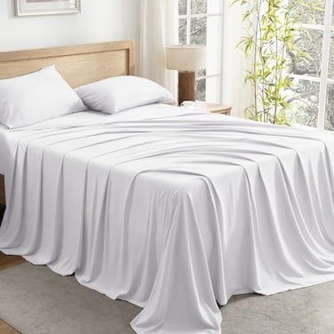 Andency White Sheets Queen Set 100 Viscose Derived from Bamboo Cooling Summer Queen Sheet Set Deep Pocket Up to 16 Silky Soft Bed Sheets Hotel Luxury Breathable Bedding Sheets Pillowcases