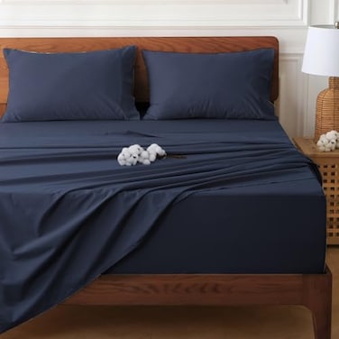 HYPREST Extra Deep Pocket Queen Sheet Sets Fits 1824 in Thick Mattress 100 Cotton Queen Sheet SetNavy Blue Sheets Soft Cooling Sheet Sets for Queen Bed Deep Pocket