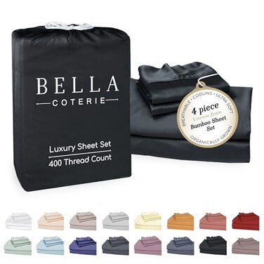 BC BELLA Bella Coterie Luxury Bamboo Viscose Queen Size Sheet Set 100 Organically Grown Ultra Soft Cooling for Hot Sleepers 18 Deep Pocket Black