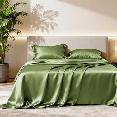 Love's cabin Loves cabin Satin Queen Bed Sheet Set 4 Piece Sage Silky Soft Deep Pocket Luxury Feel