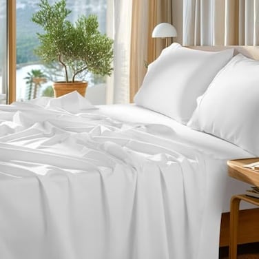 SONORO KATE 100 Egyptian Cotton Sheets Set 1000 High Thread Count Luxury 5Star Hotel Sateen Bed Sheets Soft Breathable Long Staple Sheets Fit up to 16 4 PC WhiteQueen