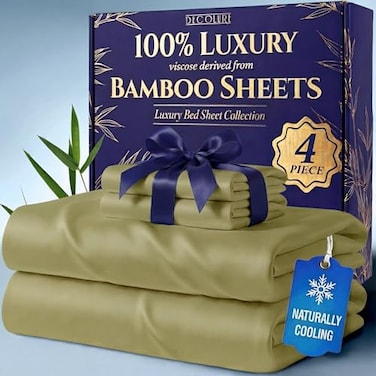 DECOLURE 100 Viscose Derived from Bamboo Sheets Queen Size Luxury 4 Pc Naturally Cooling Sheets Ultra Soft Bed Set Deep 17 Pockets Durable Double Stitching Oeko Tex Standard Light Olive
