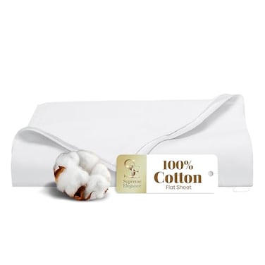 SUPREME ELEGANCE 100 Cotton Queen Flat Sheet Only Arctic White Percale Weave Cooling Crisp Queen Bed Sheets Breathable Sbana Plana Queen Top Sheet Only 92 W x 102 L