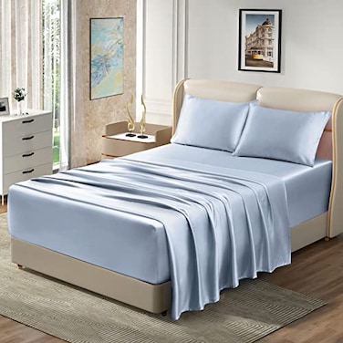 Homiest 4pcs Extra Deep Pocket King Size Bed Sheets 1824 Inch Deep Pocket Baby Blue Satin Sheet Set Luxury Fitted Sheet Set Fits Ultra Deep Mattress