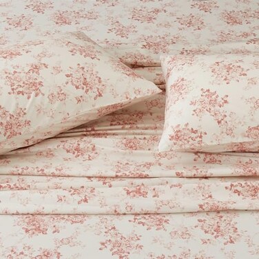 DAUAOTO 100 Cotton Sheets Set Twin Size Printed Bedding Sets Up to 14 Deep Mattress Toile Rose Floral Pattern Bedlinen Set Pale Red