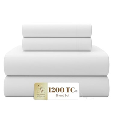 SUPREME ELEGANCE Supreme Elegance 1200 Thread Count Full Size Bed Sheets Set Arctic White 4 Pieces Cotton Rich Sateen Sheets Set 16 Deep Pocket Fitted Sheet Soft Durable Wrinkle Resistant Luxury Hotel