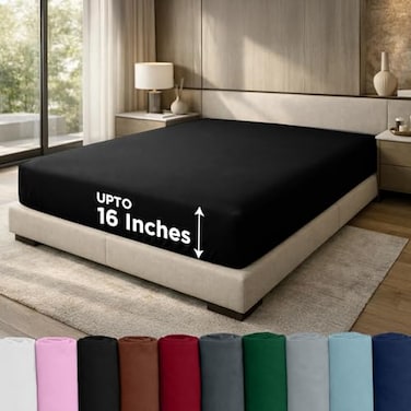 DAN RIVER 100 Cotton Jersey Fitted Sheet Queen Black 16 Inch Deep Pockets Ultra Soft Breathable Stretchy Knit Fabric Fitted Bed Sheet for Queen Mattress