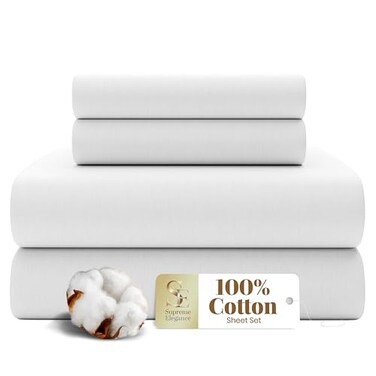 SUPREME ELEGANCE 4 Pc 100 Cotton Full Size Sheets Set Arctic White Percale Weave Cooling Crisp Bed Sheets Breathable Cotton Bedding Deep Pocket Fitted Sheet Juego De Sbanas Full