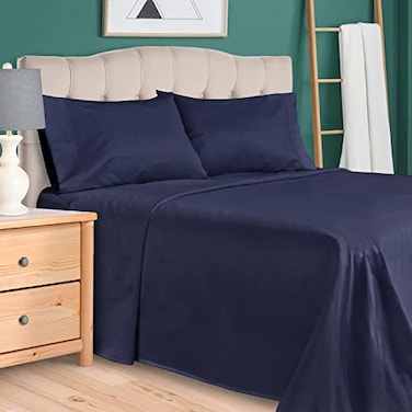 SUPERIOR Superior 300 Thread Count Egyptian Cotton Sheet Set Elastic Fitted Sheet Flat Sheet 2 Pillowcases King Navy Blue