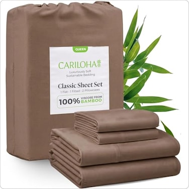 Cariloha Classic 100 Organic Bamboo Viscose Sheets 4Piece Queen Sheet Set 18 in Extra Deep Pockets Soft Cooling Hypoallergenic Sheets OekoTEX Standard 100 Beach Linen