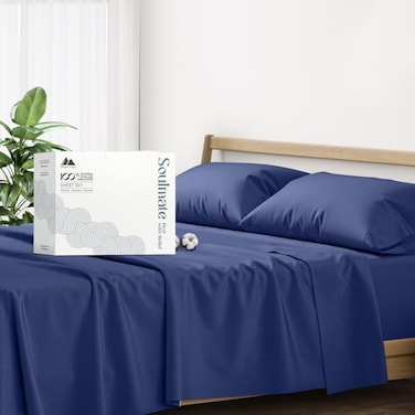 Mayfair Linen 100 Egyptian Cotton Full Sheet Set Luxury 500 Series Soulmate Collection Cotton Sheets Full Size 4 PC Navy Blue Soft Cooling Sateen Weave 16 Deep Pocket Hotel Quality Sheet