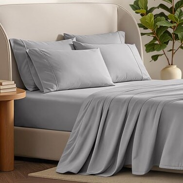 Bare Home Hotel Luxury Twin XL Sheet Set Extra Soft 4 Piece Set Deep Pockets Easy Fit Cooling Breathable Wrinkle Fade Stain Resistant Includes 2 Pillowcases Twin XL Light Grey
