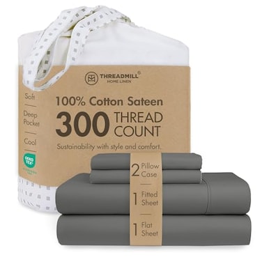 Threadmill Cotton Queen Sheet Set 100 Cotton Sheets for Queen Size Bed Solid Sateen Queen Bed Sheets Set with 16 Deep Pocket Soft Breathable 4Piece Cooling Bedding Sheet Set Dark Grey