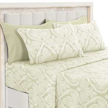 LDC LUX Ultra Soft WrinkleFree Microfiber Paisley Queen Sheet Set Cute Floral Pattern Boho Print 16 Deep Pocket Fitted Sheet Flat Sheet 4 Pillowcases Breathable OEKOTEX Ivory