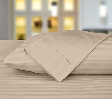 Threadmill Standard Size Beige Luxury Pillowcases 500 Thread Count Damask Weave 2 Piece Long Staple Cotton Pillow Protector Set Breathable Striped Pillow Covers