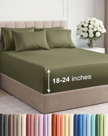 CGK Unlimited Extra Deep Cal King Sheet Set 6 Piece Breathable and Cooling Sheets Hotel Luxury Bedding for Women Men Kids Teens Easy Secure Fit Soft and Wrinkle Free Extra Deep Pockets Sage Green