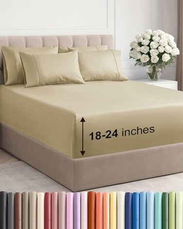 CGK Unlimited Extra Deep King Sheet Set 6 Piece Breathable and Cooling Sheets Hotel Luxury Bedding for Women Men Kids Teens Easy Secure Fit Soft Wrinkle Free and Comfy Extra Deep Pockets Beige